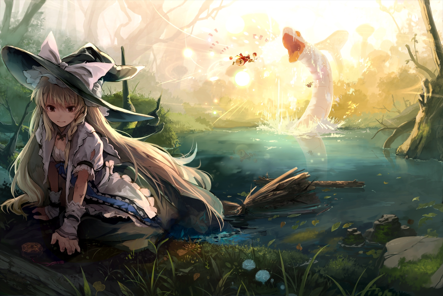 animal, blonde_hair, dress, eho_(icbm), forest, hakurei_reimu, hat, japanese_clothes, kirisame_marisa, kochiya_sanae, long_hair, miko, reflection, snake, torn_clothes, touhou, tree, wet, witch