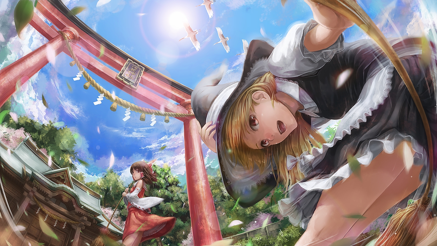 animal, bird, dress, hakurei_reimu, hat, japanese_clothes, kirisame_marisa, leaves