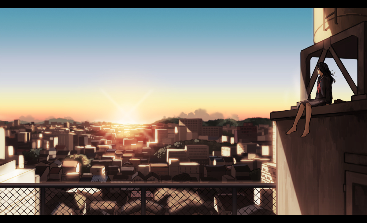 amemura_(caramelo), barefoot, black_hair, original, scenic, school_uniform, sunset