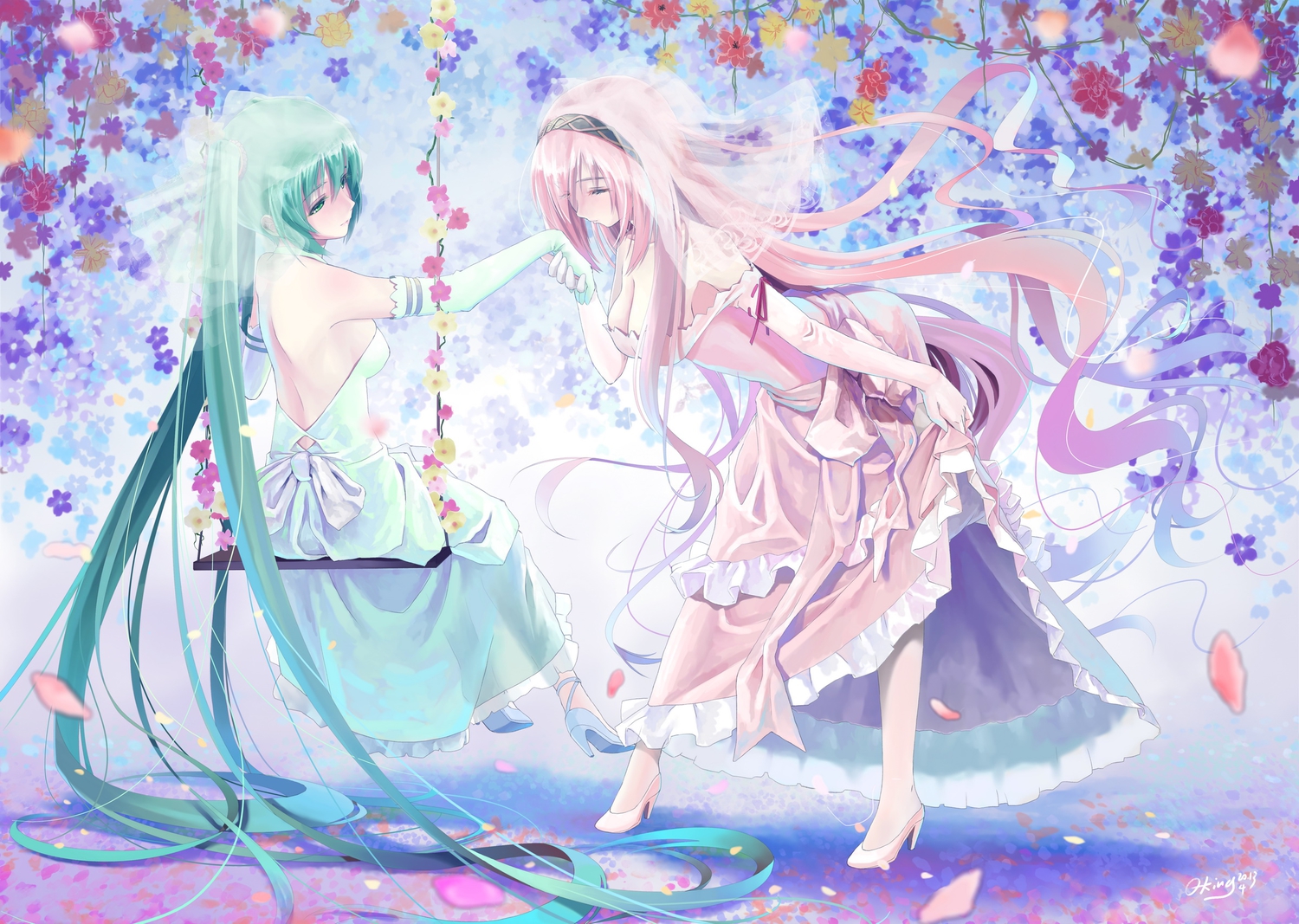 2girls, aqua_eyes, aqua_hair, breasts, cleavage, elbow_gloves, flowers, gloves