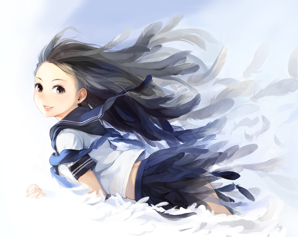 amado_(shin), black_hair, brown_eyes, feathers, long_hair, original, school_uniform, skirt