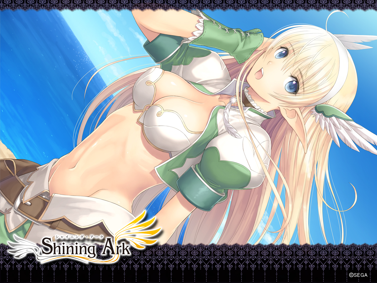 blonde_hair, blue_eyes, breasts, cleavage, elwing, long_hair, pointed_ears, shining_ark, tagme, taka_tony