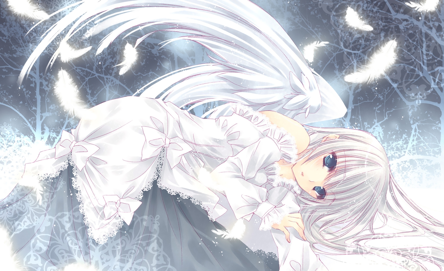 angel, blue_eyes, dress, feathers, hayase_akira, long_hair, original, white_hair, wings