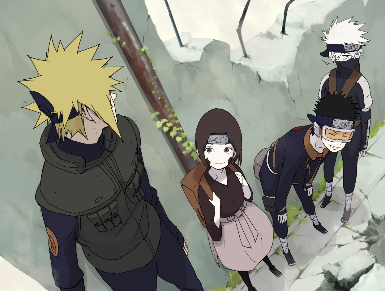 blush, goggles, hatake_kakashi, headband, male, namikaze_minato, naruto, rin_(naruto), tori_(silver_bell55), uchiha_obito