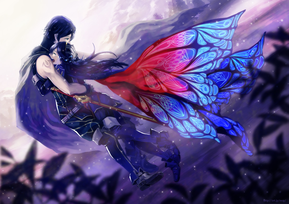 armor, blue_eyes, blue_hair, butterfly, cape, chrom_(fire_emblem), crying, fire_emblem, lucina_(fire_emblem), moppect, sword, tears, tiara, weapon