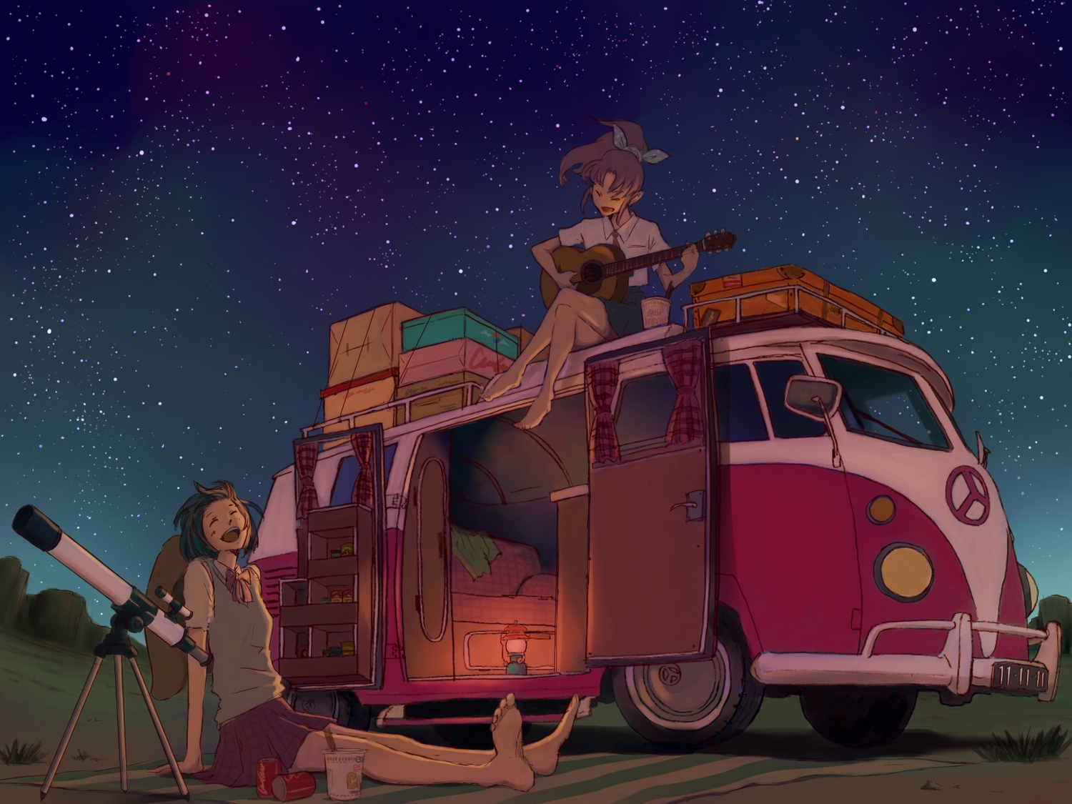 2girls, brown_hair, car, coca_cola, food, goke_shike_(altamira05), green_hair, guitar, instrument, night, original, stars