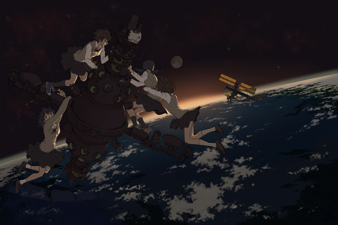 brown_eyes, brown_hair, earth, goke_shike_(altamira05), moon, original, planet, school_uniform