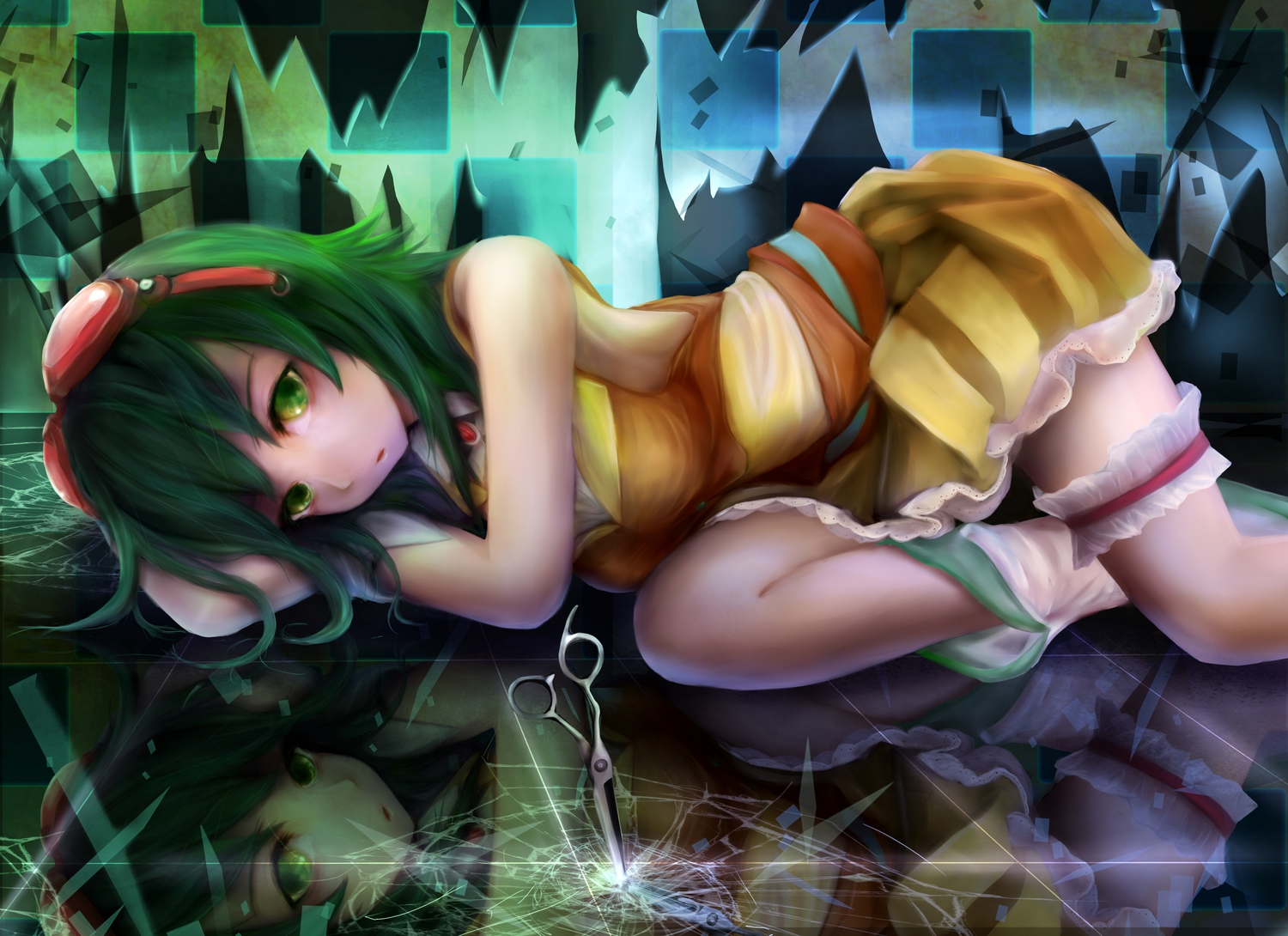 green_eyes, green_hair, gumi, mosaic_roll_(vocaloid), vocaloid, zhang_xiao_bo