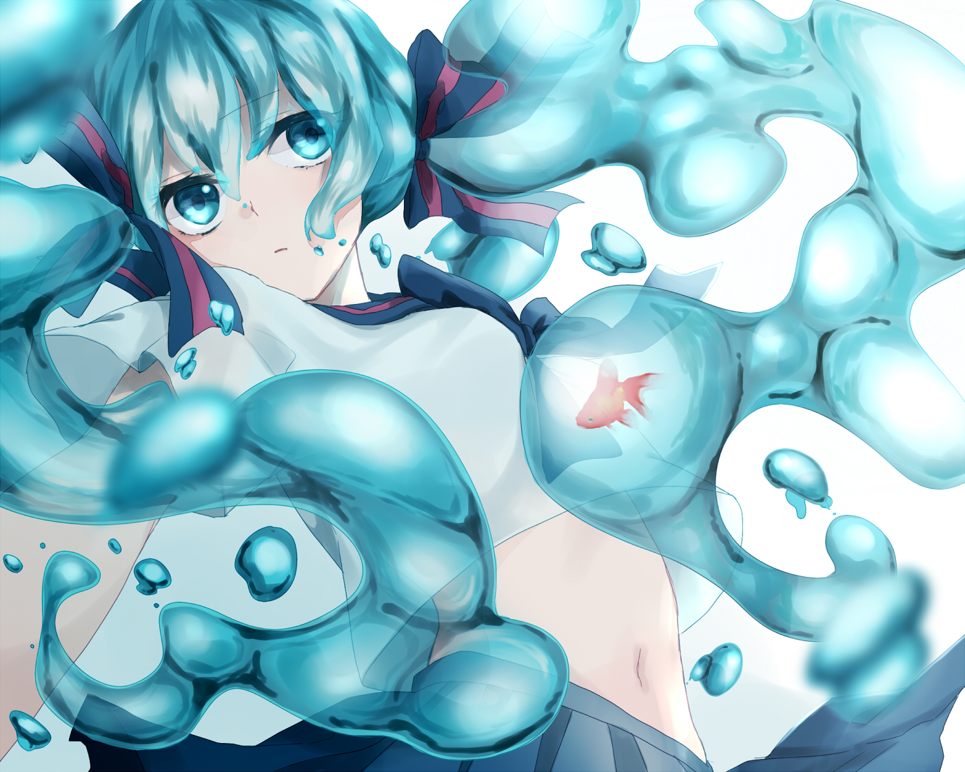 animal, aqua_eyes, aqua_hair, bottle_miku, fish, hatsune_miku, natsumi_(katonatucareercomic), navel, vocaloid