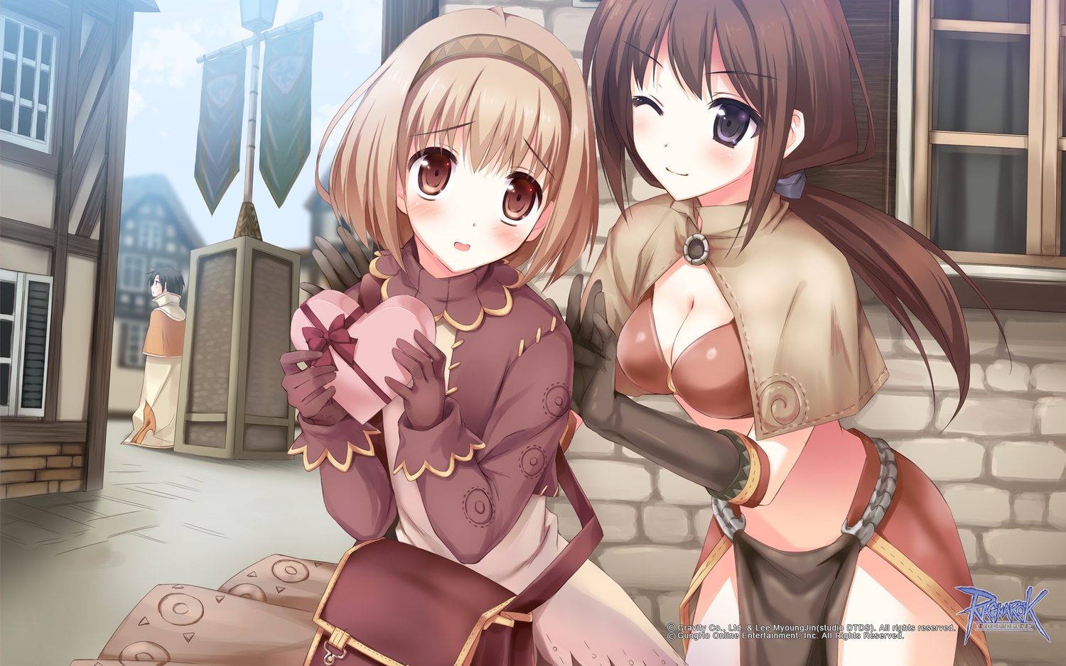breasts, brown_hair, cleavage, kimishima_ao, mage, merchant, ragnarok_online, sage_(ragnarok_online), wink