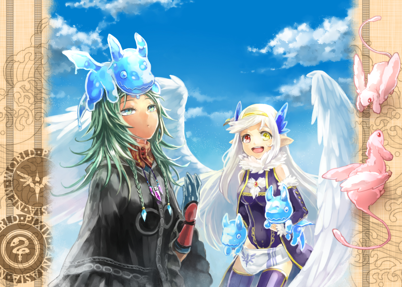 2girls, animal, aqua_eyes, bicolored_eyes, braids, clouds, gloves, green_hair, headband, long_hair, original, pixiv_fantasia, pointed_ears, riinu_(ir-n), sky, thighhighs, white_hair, wings