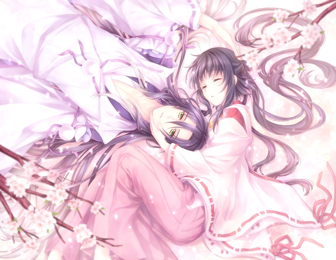 abe_no_seimei, black_hair, cherry_blossoms, flowers, green_eyes, japanese_clothes, kimono, long_hair, male, miko, miyako_(game), petals, shikigami_sangou, short_hair, sleeping, yuuna_minato