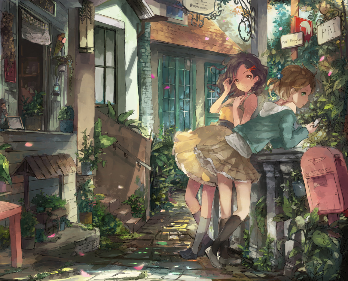 2girls, black_hair, blonde_hair, brown_eyes, doll, dress, green_eyes, ooi_choon_liang, original, petals, short_hair, skirt
