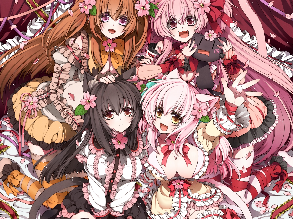 animal, animal_ears, black_hair, brown_eyes, brown_hair, cassini_m_bisuko, cat, catgirl, cherry_blossoms, comomo, flowers, lolita_fashion, long_hair, mia_flatpaddy, original, petals, pink_eyes, pink_hair, shia_flatpaddy, tail, takatsuki_ichi, twintails