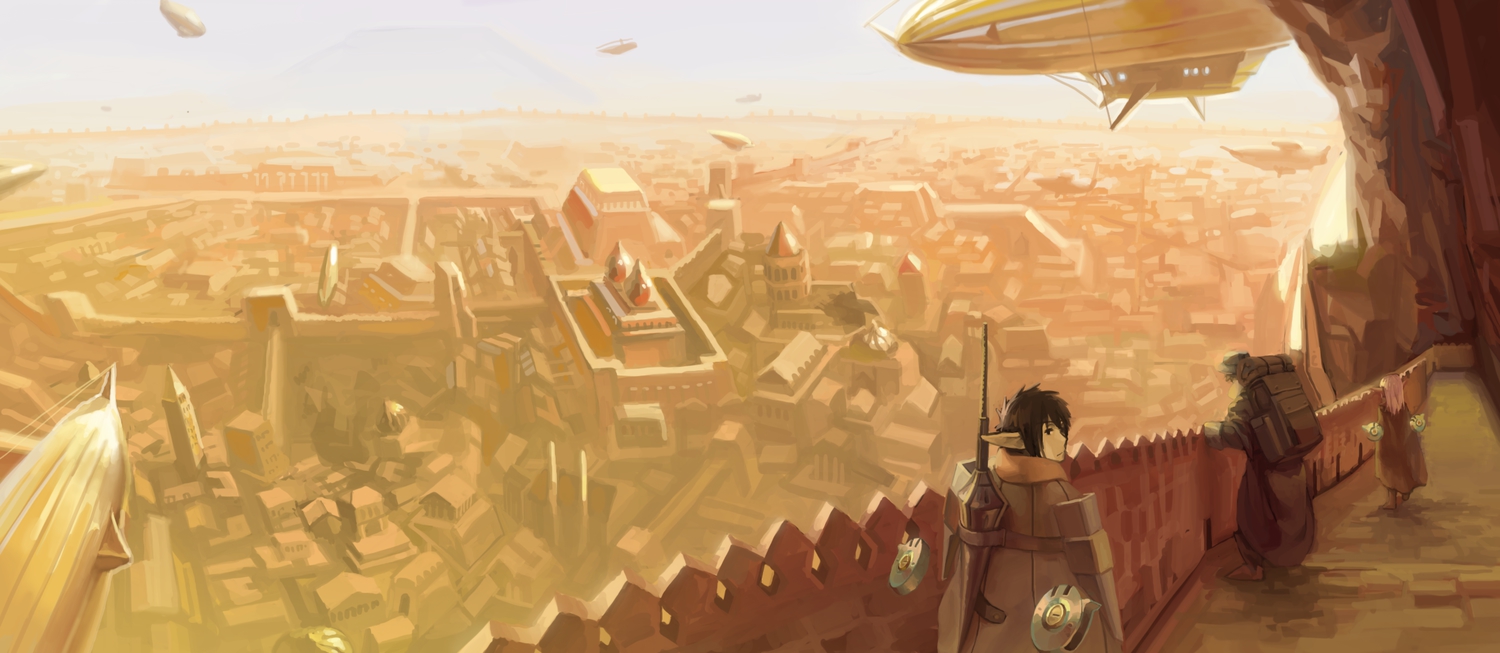 aircraft, black_hair, building, city, hat, original, pink_hair, pixiv_fantasia