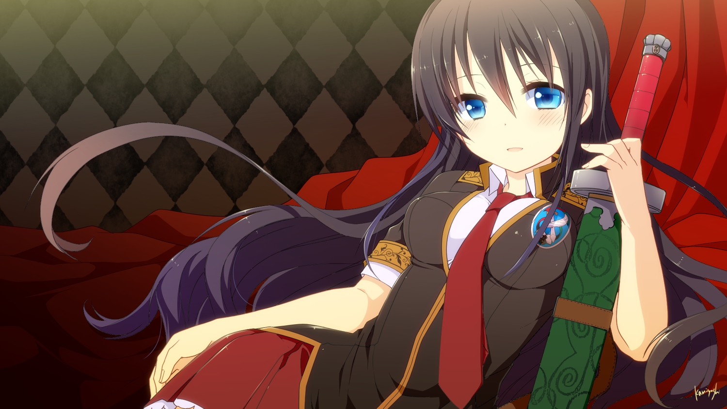aliasing, aqua_eyes, black_hair, kamiyoshi_rika, long_hair, school_uniform, signed, sword, tagme, weapon