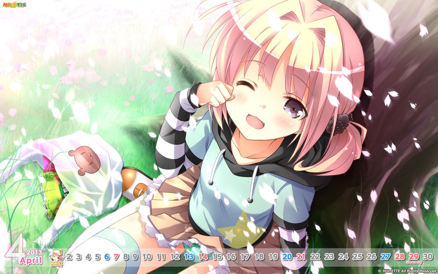 calendar, grass, himemiya_yurika, hulotte, imouto_no_okage_de_mote_sugite_yabai, panties, petals, tagme, thighhighs, tree, underwear