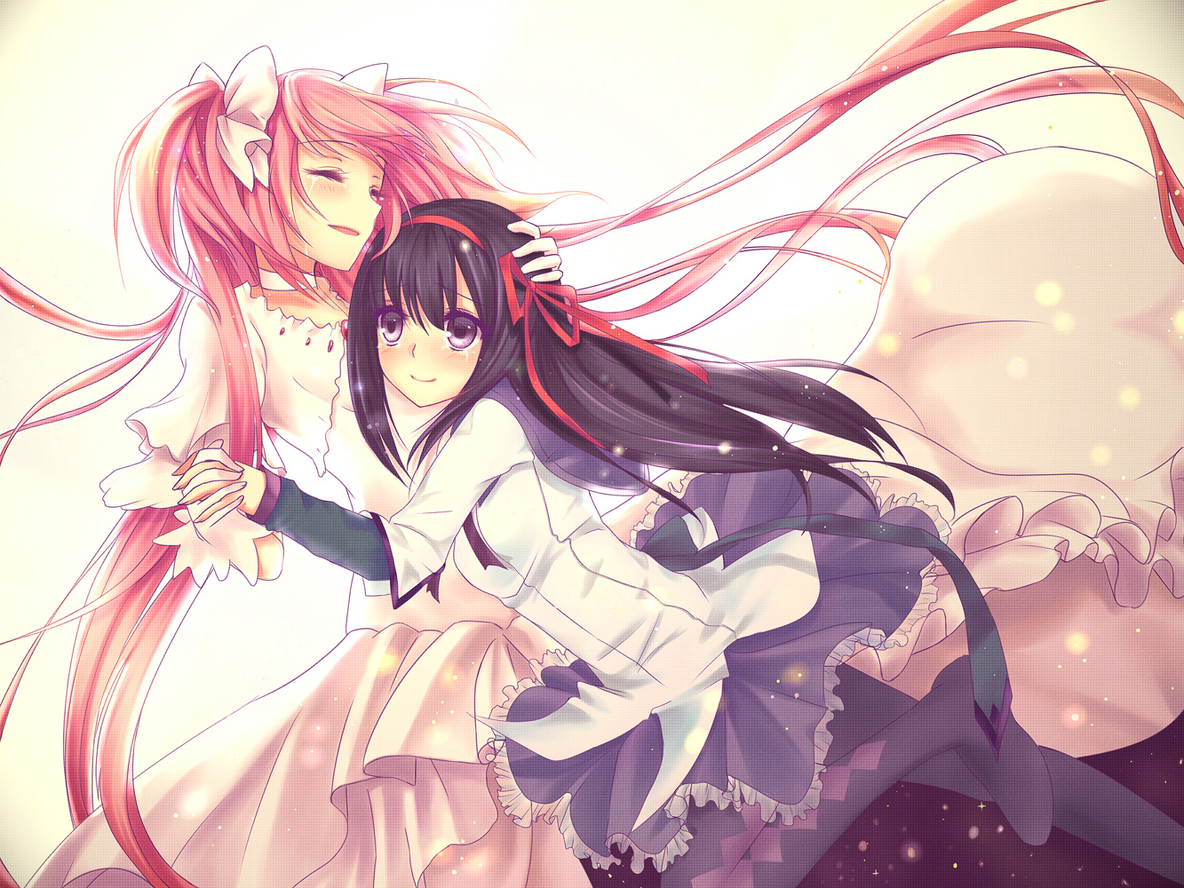 2girls, akemi_homura, aki663, blue_eyes, bow, hug, kaname_madoka, long_hair