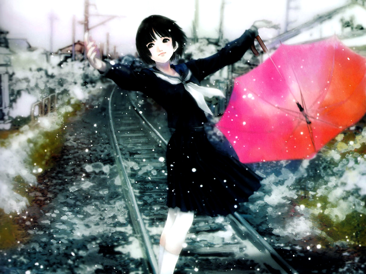 mikimoto_haruhiko, snow, train, umbrella