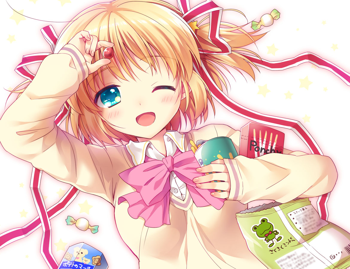 blonde_hair, blue_eyes, blush, food, fuyuichi, kamikita_komari, little_busters!, ribbons, school_uniform, wink