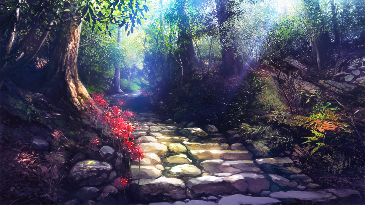 flowers, forest, gin_no_fude, no_humans, original, scenic, stairs, tree
