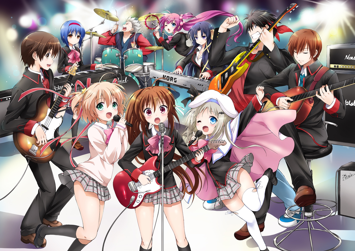 group, guitar, inohara_masato, instrument, kamikita_komari, kurimomo, kurugaya_yuiko, little_busters!, miyazawa_kengo, naoe_riki, natsume_kyousuke, natsume_rin, nishizono_mio, noumi_kudryavka, saigusa_haruka, school_uniform