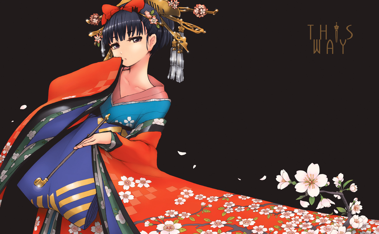 black, black_eyes, black_hair, flowers, japanese_clothes, kurobuta_gekkan, original