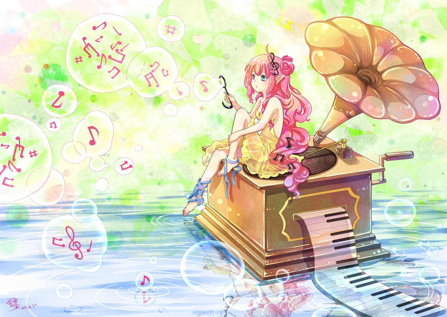barefoot, blue_eyes, bubbles, dress, instrument, long_hair, moxue_qianxi, music