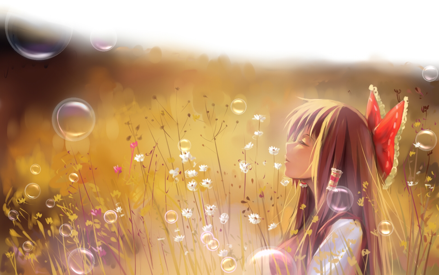 a_luo, bow, brown_hair, bubbles, flowers, grass, hakurei_reimu, japanese_clothes, long_hair, miko, touhou