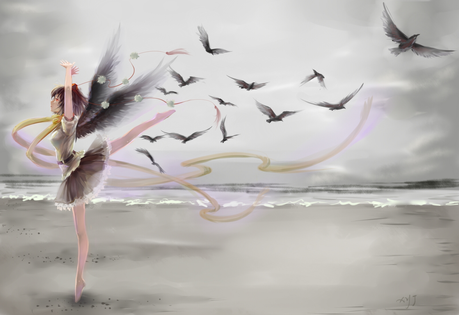 a_luo, animal, barefoot, beach, bird, clouds, ribbons, shameimaru_aya