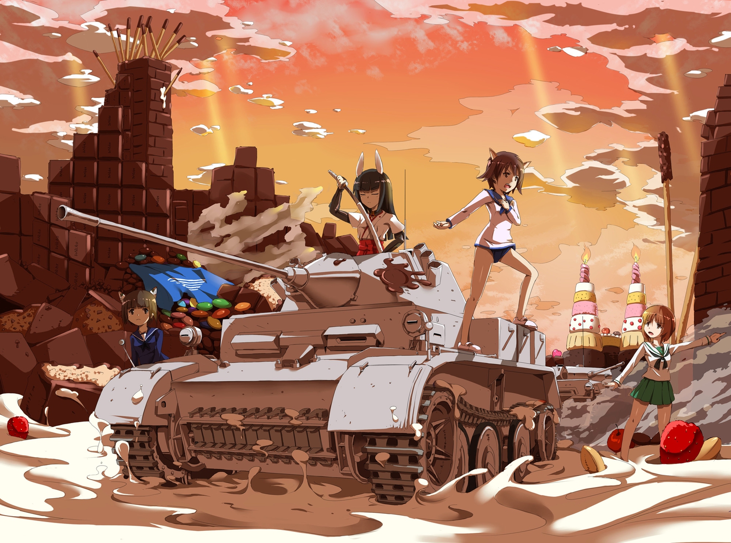anabuki_tomoko, animal_ears, candy, combat_vehicle, crossover, food, fruit, girls_und_panzer, group, japanese_clothes, katana, miyafuji_yoshika, nishizumi_miho, pocky, sakomizu_haruka, school_uniform, sirills, strike_witches, sword, weapon