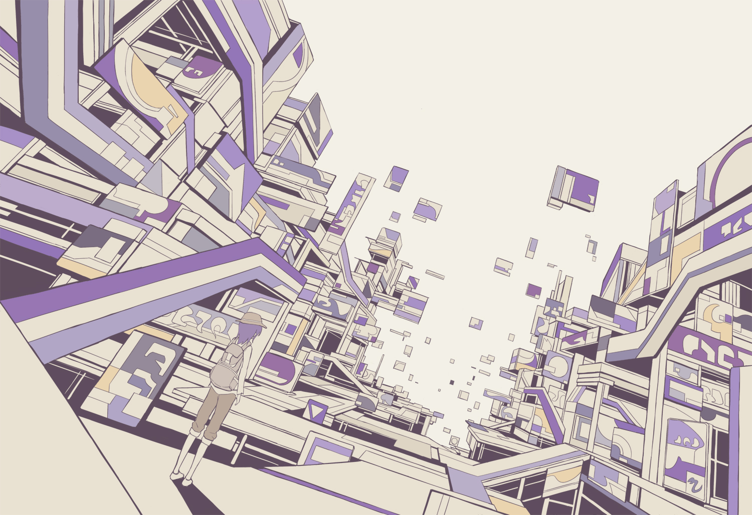 hat, hebitsukai, monochrome, original, purple_hair, scenic