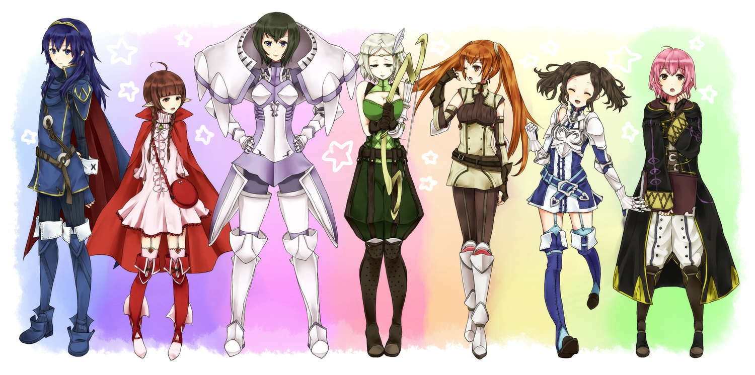 armor, book, boots, bow_(weapon), cape, cynthia_(fire_emblem), dress, fire_emblem, gloves, jpeg_artifacts, kjelle_(fire_emblem), lucina_(fire_emblem), migime1, morgan_(fire_emblem), nah_(fire_emblem), necklace, noire_(fire_emblem), severa_(fire_emblem), thighhighs, weapon