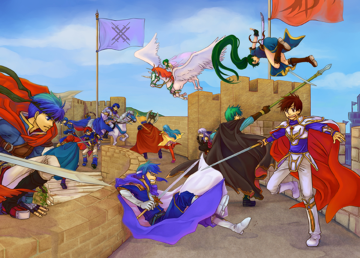animal, armor, celice_(fire_emblem), eirika_(fire_emblem), elinicia_ridell_crimea, eliwood_(fire_emblem), ephraim_(fire_emblem), fire_emblem, hector_(fire_emblem), horse, ike_(fire_emblem), leaf_(fire_emblem), lyndis_(fire_emblem), male, marth_(fire_emblem), micaiah_(fire_emblem), pegasus, roy_(fire_emblem), sigurd_(fire_emblem), spear, staff, sword, weapon