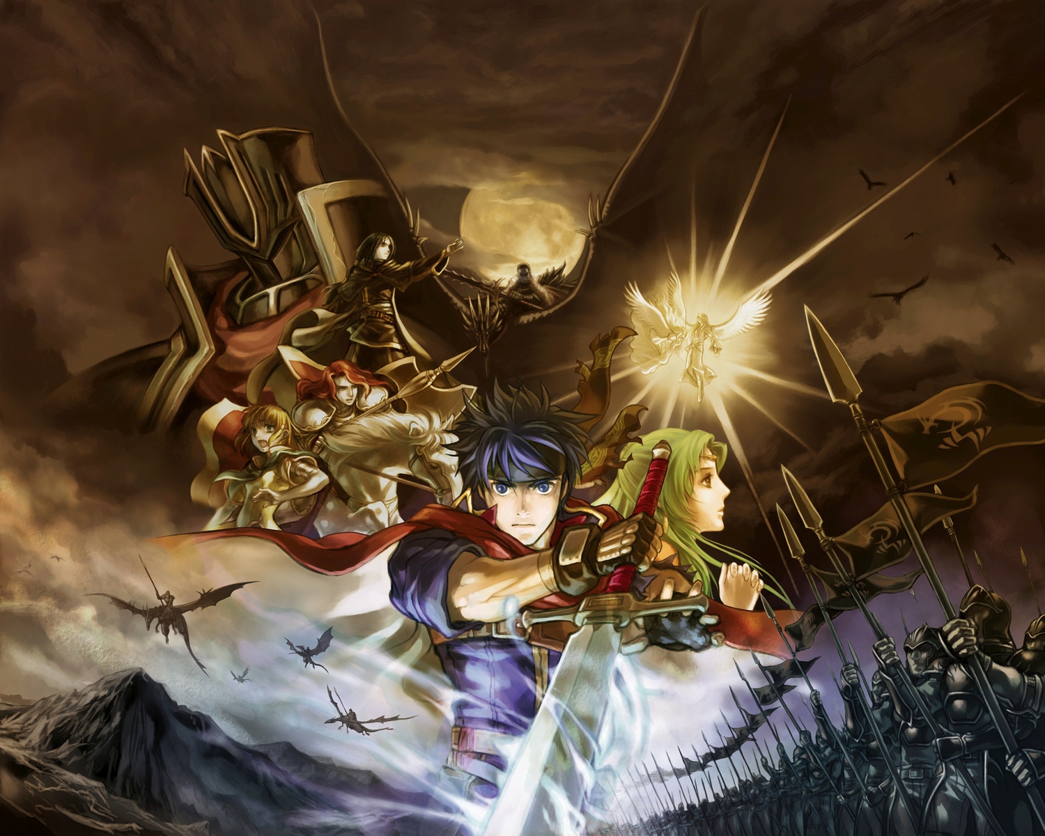 black_knight_(fire_emblem), dragon, elinicia_ridell_crimea, fire_emblem, ike_(fire_emblem), kita_senri, mist_(fire_emblem), nintendo, reyson_(fire_emblem), soren_(fire_emblem), spear, sword, titania_(fire_emblem), weapon