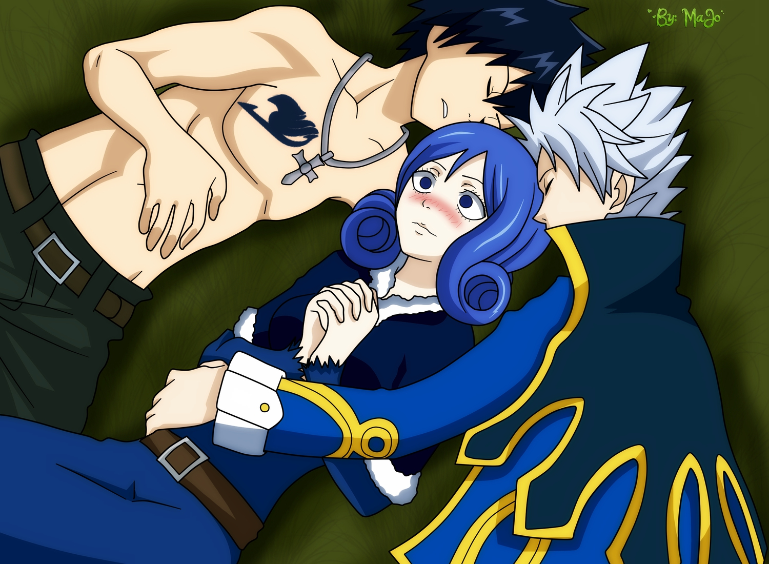 black_hair, blue_hair, blush, fairy_tail, gray_fullbuster, juvia_loxar, lyon, male, white_hair