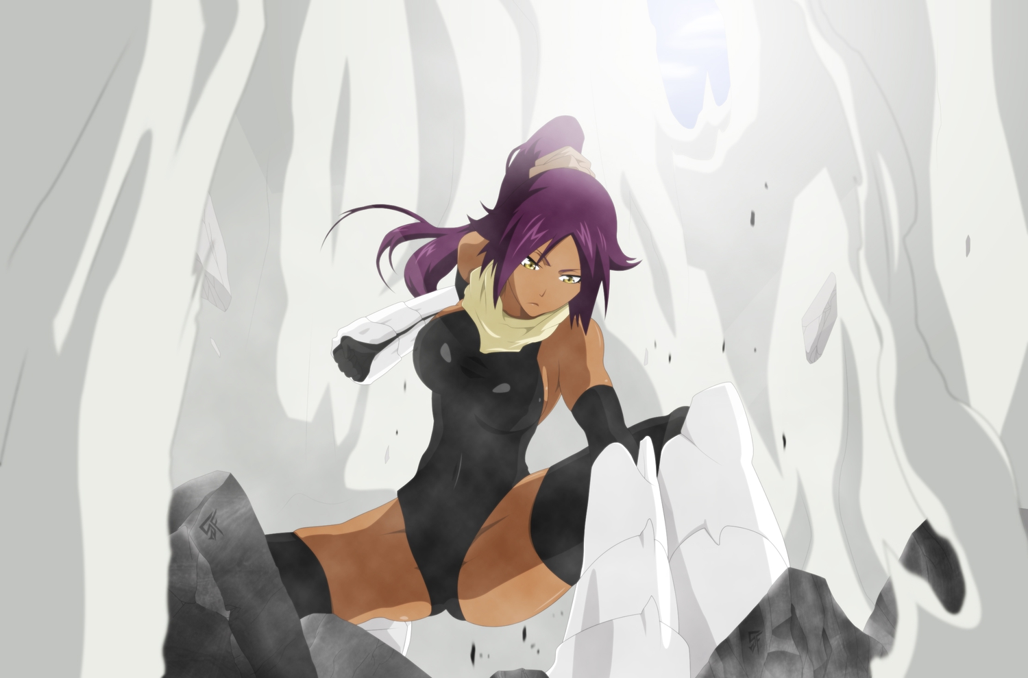 bleach, dark_skin, ponytail, purple_hair, shihouin_yoruichi