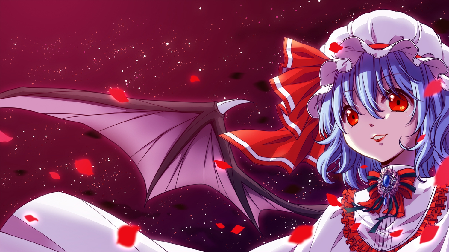 blue_hair, hat, petals, red_eyes, remilia_scarlet, touhou, vampire, wings