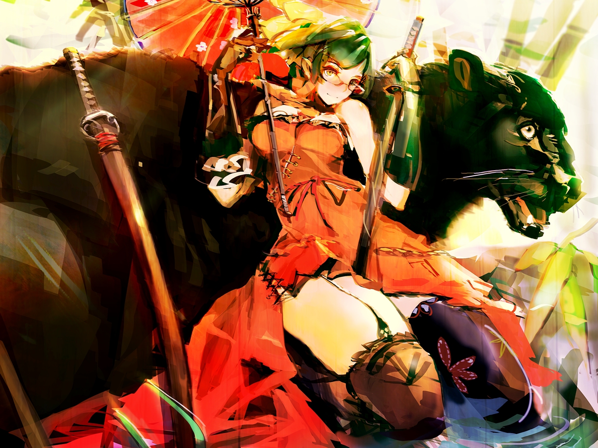animal, dress, glasses, katana, so-bin, sword, thighhighs, umbrella
