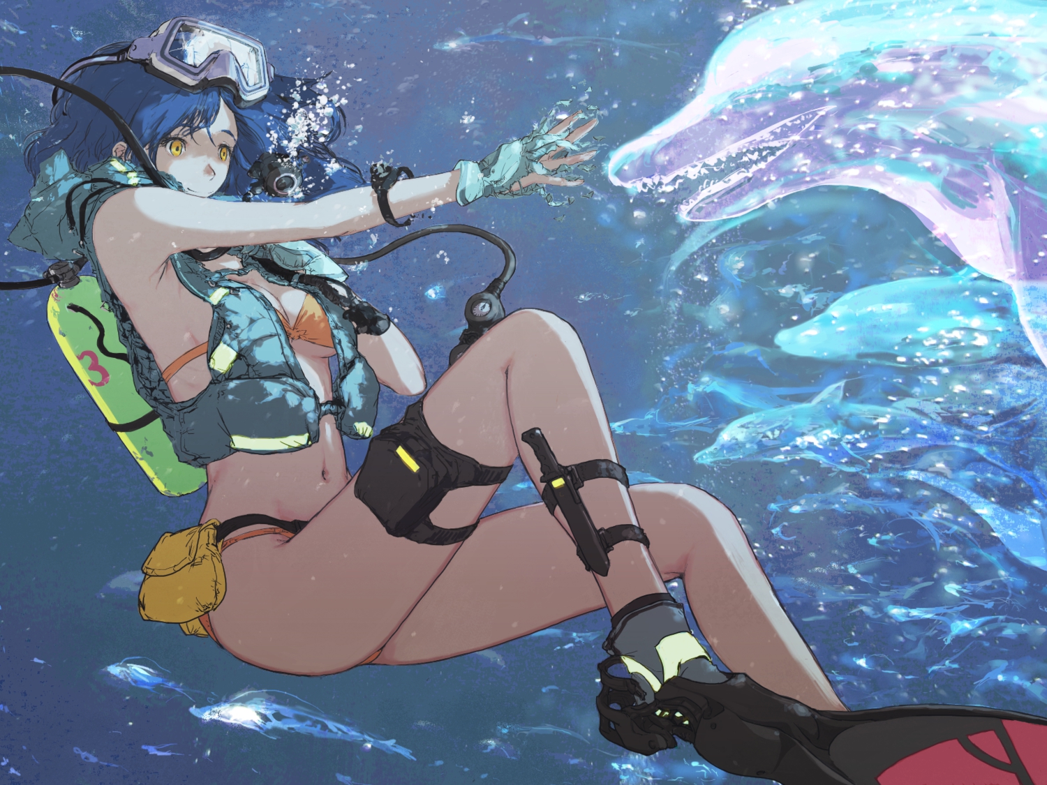 bikini, blue_hair, breasts, cleavage, long_hair, navel, original, swimsuit, tagme, underwater, water, yellow_eyes, ymr