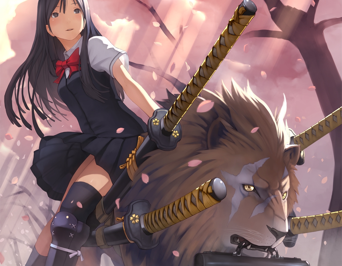 animal, cropped, katana, lion, original, petals, shizuma_yoshinori, sword, weapon