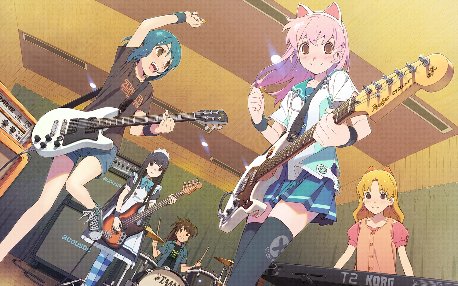 animal_ears, black_eyes, black_hair, blonde_hair, blue_hair, brown_eyes, catgirl, drums, guitar, instrument, long_hair, maid, original, piano, pink_hair, shiwasu_takashi, short_hair, thighhighs, zettai_ryouiki