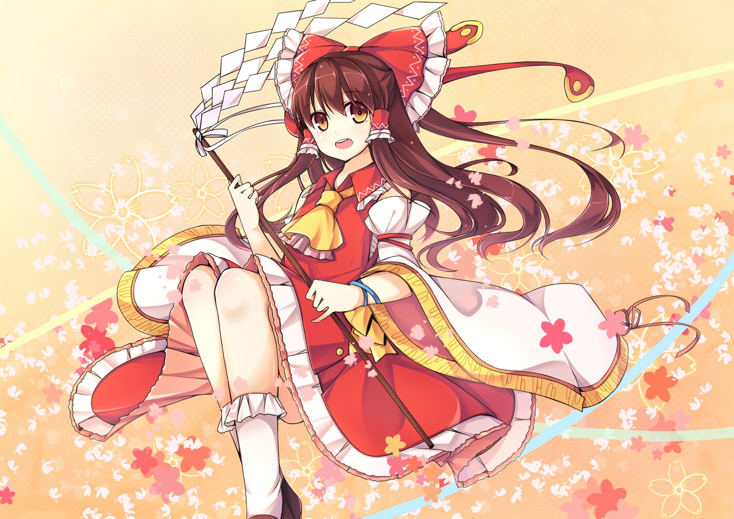 amemiya_ruki, bow, brown_hair, dress, hakurei_reimu, japanese_clothes, long_hair, miko