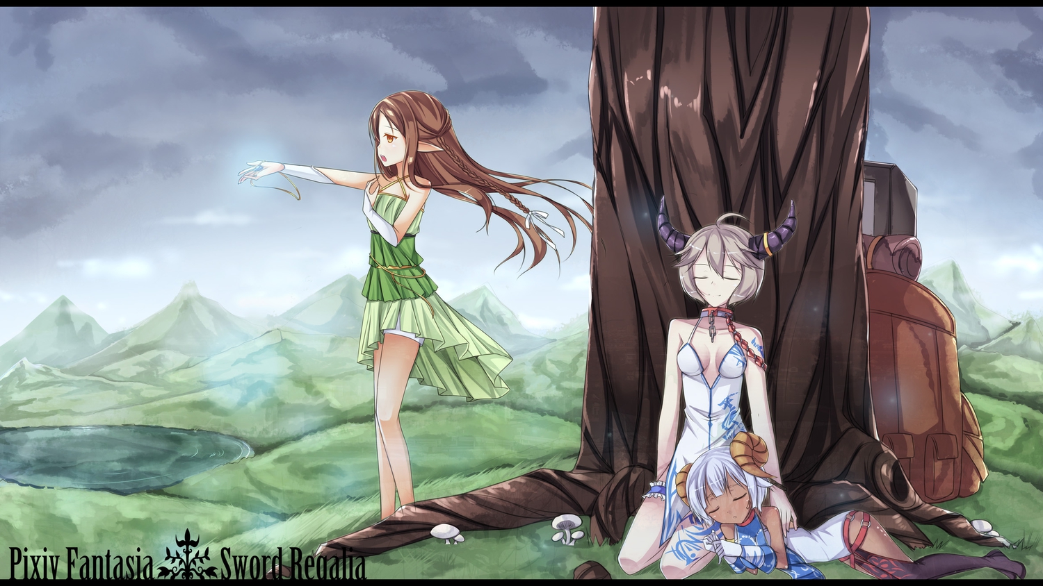 amemiya_ruki, braids, brown_eyes, brown_hair, collar, dress, gray_hair, horns
