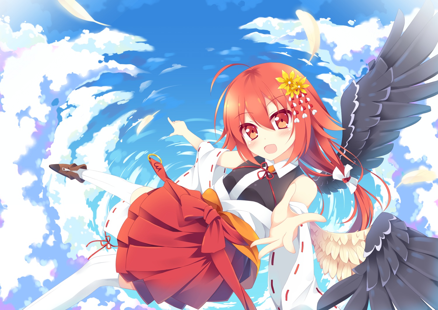 clouds, feathers, japanese_clothes, miko, nibiiro_shizuka, original, red_eyes, red_hair
