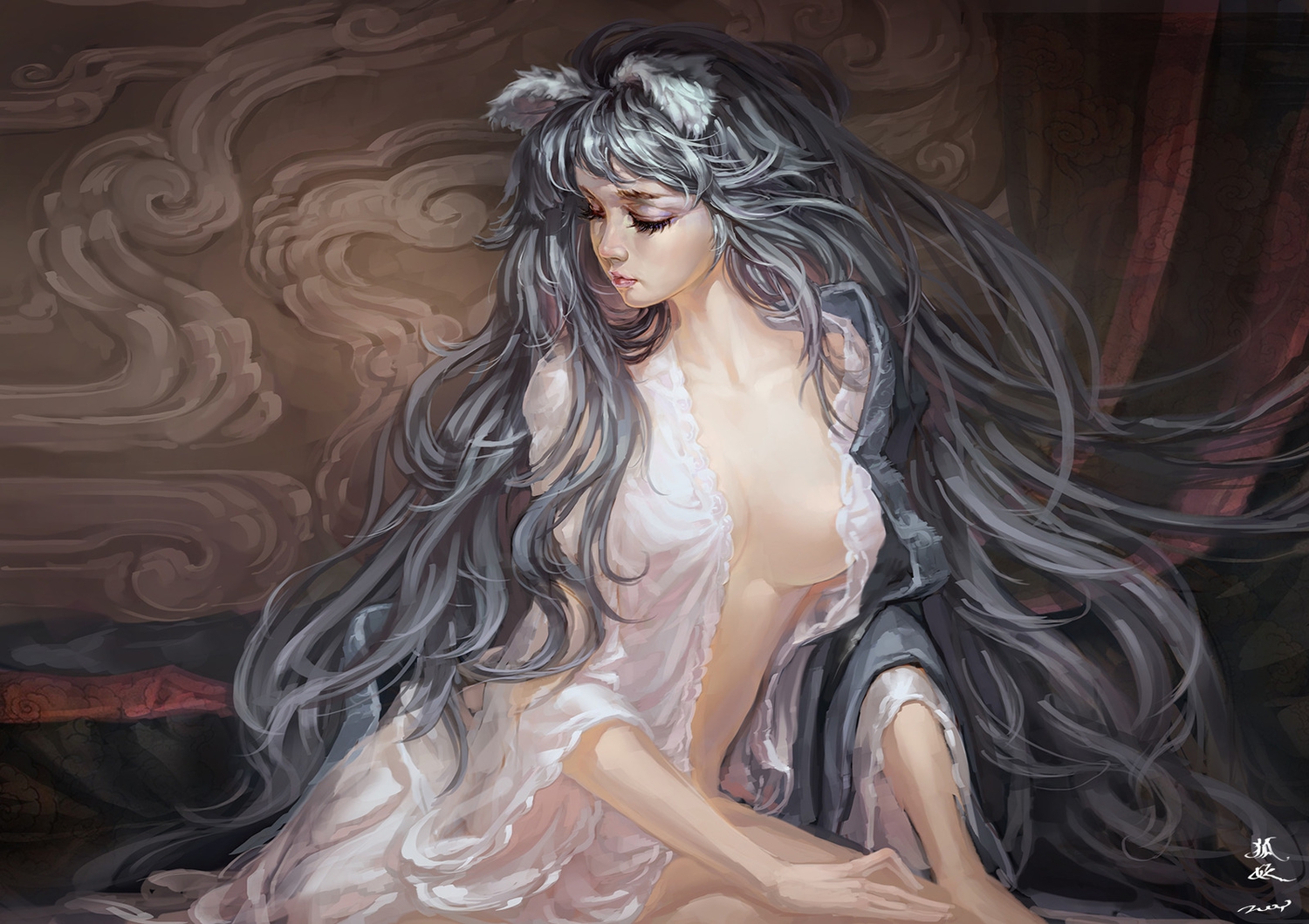 animal_ears, gray_hair, long_hair, open_shirt, original, realistic, zhang_wei_yi