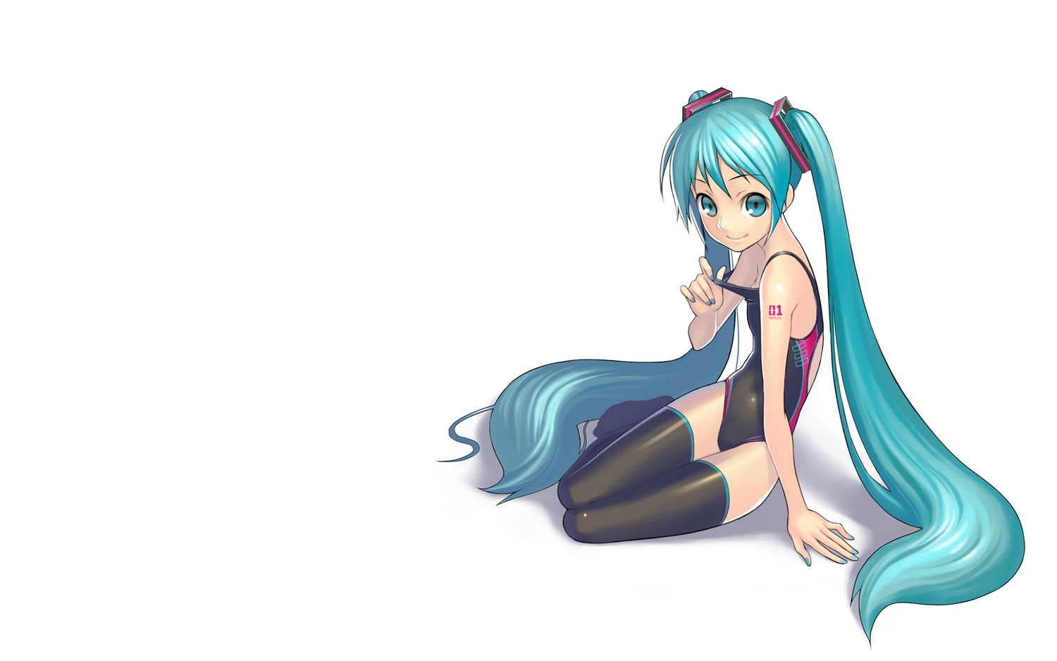 (tat), green_eyes, green_hair, hatsune_miku, long_hair, swimsuit, thighhighs, twintails, vocaloid, white