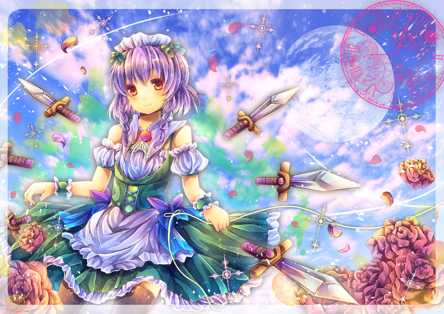 izayoi_sakuya, maid, moon, purple_hair, touhou, uta_(kuroneko), weapon