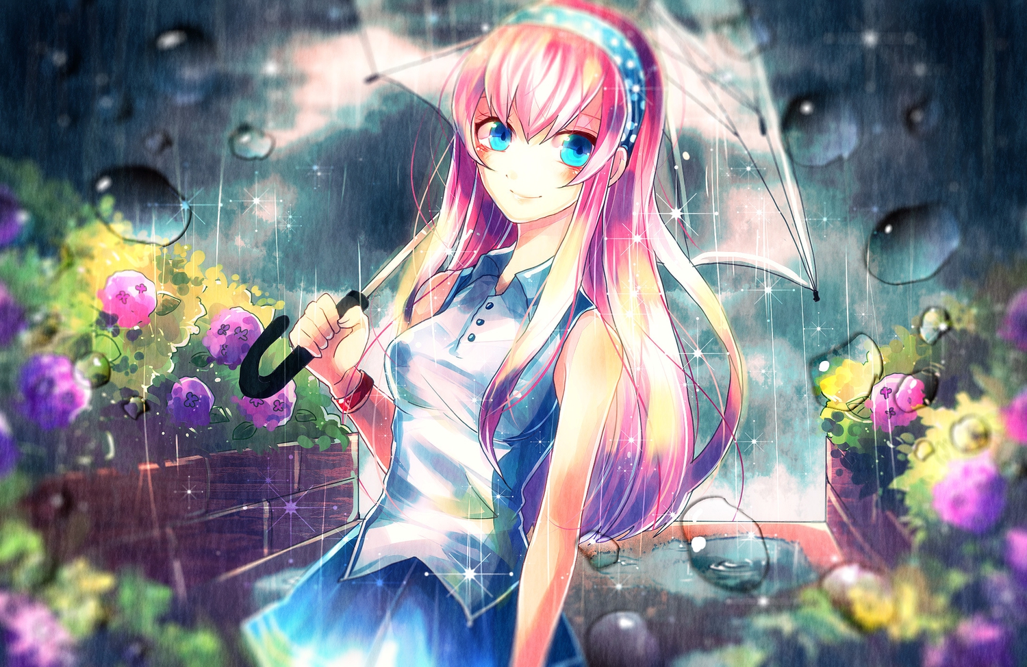 blue_eyes, dress, flowers, megurine_luka, pink_hair, rain, sazanami_shione, umbrella