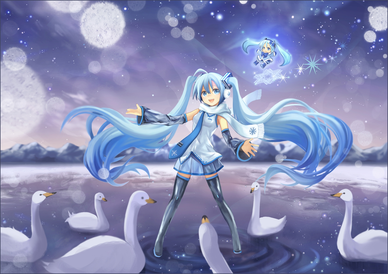 blue_eyes, blue_hair, chibi, dress, hatsune_miku, kari_kenji, snow, twintails, vocaloid, yuki_miku